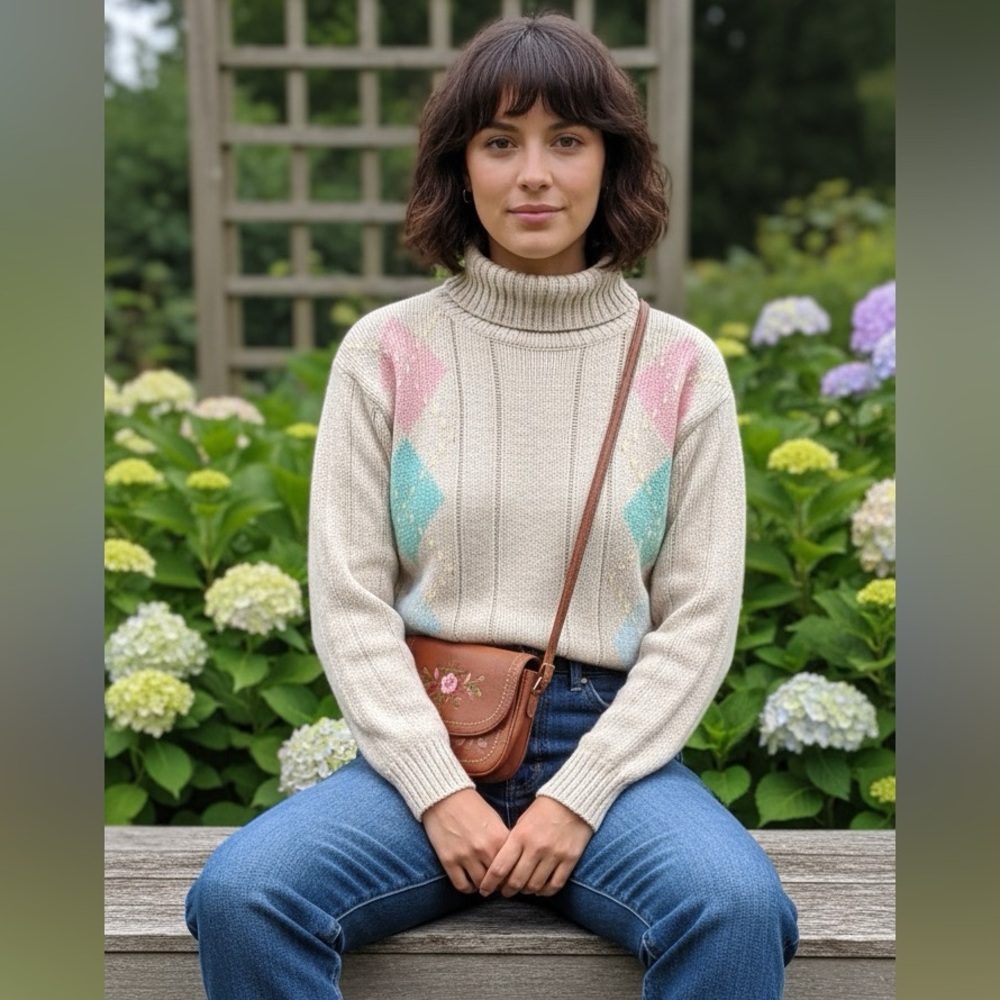 Vintage Pastel Argyle Cream‎ Mock Neck Grandmacore Cottagecore Sweater Cabincore